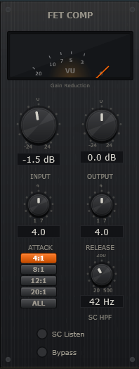 FET Compressor module with VU meter, input/output controls, attack, release, ratio buttons, and sidechain HPF