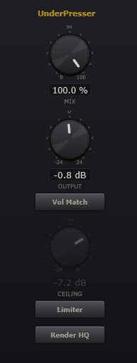 Master output section with Mix, Output, Volume Match, Ceiling, Limiter, and Render HQ controls