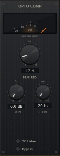 Opto Compressor module with VU meter, peak reduction, gain, and sidechain HPF controls
